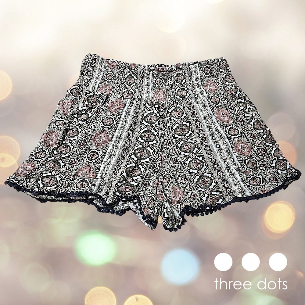 Three Dots Womens Medallion Paisley Smocked Pom Pom Shorts Green‎ Pink Navy M